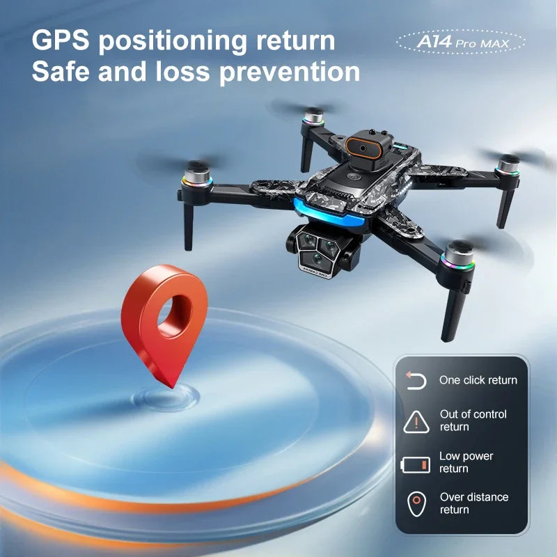 Drone A14Pro Max 8K HD Three Camera Brushless Optical Flow Obstacle Avoidance Foldable Quadcopter UAV 4.5-inch Large Screen Toys